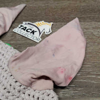Tie Down Crochet Ear Bonnet Fly Veil, 2x piping, 3x bling *fair, unstitched piping, shrunk, v.stained & discolored, curled
