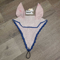 Tie Down Crochet Ear Bonnet Fly Veil, 2x piping, 3x bling *fair, unstitched piping, shrunk, v.stained & discolored, curled
