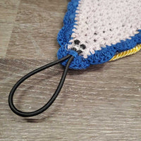 Tie Down Crochet Ear Bonnet Fly Veil, 2x piping, 3x bling *fair, unstitched piping, shrunk, v.stained & discolored, curled
