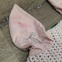 Tie Down Crochet Ear Bonnet Fly Veil, 2x piping, 3x bling *fair, unstitched piping, shrunk, v.stained & discolored, curled
