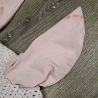 Tie Down Crochet Ear Bonnet Fly Veil, 2x piping, 3x bling *fair, unstitched piping, shrunk, v.stained & discolored, curled
