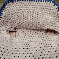 Tie Down Crochet Ear Bonnet Fly Veil, 2x piping, 3x bling *fair, unstitched piping, shrunk, v.stained & discolored, curled
