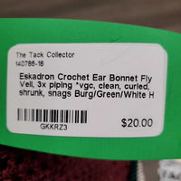 Crochet Ear Bonnet Fly Veil, 3x piping *vgc, clean, curled, shrunk, snags
