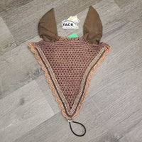 Tie Down Crochet Ear Bonnet Fly Veil, 2x piping, 3x bling *vgc, rubs, faded, mnr curled edges
