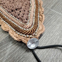 Tie Down Crochet Ear Bonnet Fly Veil, 2x piping, 3x bling *vgc, rubs, faded, mnr curled edges
