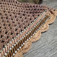 Tie Down Crochet Ear Bonnet Fly Veil, 2x piping, 3x bling *vgc, rubs, faded, mnr curled edges
