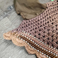 Tie Down Crochet Ear Bonnet Fly Veil, 2x piping, 3x bling *vgc, rubs, faded, mnr curled edges
