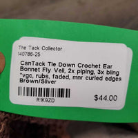 Tie Down Crochet Ear Bonnet Fly Veil, 2x piping, 3x bling *vgc, rubs, faded, mnr curled edges
