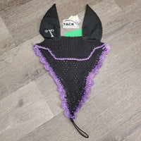Tie Down Crochet Ear Bonnet Fly Veil, 2x piping, 3x bling *gc/vgc, clean, torn & curled scallops
