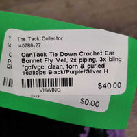 Tie Down Crochet Ear Bonnet Fly Veil, 2x piping, 3x bling *gc/vgc, clean, torn & curled scallops
