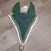 Tie Down Crochet Ear Bonnet Fly Veil, 2x piping, 3x bling *vgc, mnr faded, mnr stain, curled, shrunk, bent/wavy pearls
