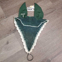 Tie Down Crochet Ear Bonnet Fly Veil, 2x piping, 3x bling *vgc, mnr faded, mnr stain, curled, shrunk, bent/wavy pearls
