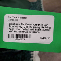 Tie Down Crochet Ear Bonnet Fly Veil, 2x piping, 3x bling *vgc, mnr faded, mnr stain, curled, shrunk, bent/wavy pearls
