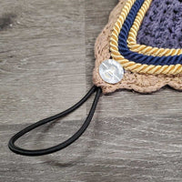 Tie Down Crochet Ear Bonnet Fly Veil, Sound Proof Ears, 3x piping *gc, faded, clean, curled
