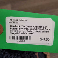 Tie Down Crochet Ear Bonnet Fly Veil, Sound Proof Ears, 3x piping *gc, faded, clean, curled
