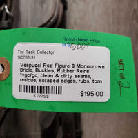 Rsd Figure 8 Monocrown Bridle, Buckles, Rubber Reins *vgc/gc, clean & dirty seams, residue, scraped edges, rubs, torn edge
