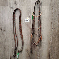 FS Rsd Bridle, Braided Reins *gc, stiff, scraped edges, dry, dirt, stains, tight keeper, folded/bent noseband
