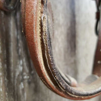 FS Rsd Bridle, Braided Reins *gc, stiff, scraped edges, dry, dirt, stains, tight keeper, folded/bent noseband
