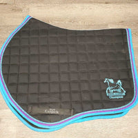 Quilt Jumper Saddle Pad, "Tyrrell Riding Academy Champ" *vgc, mnr hair, dirt, rubs, threads, puckers