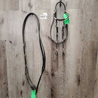 Rolled Leather Headstall, Silver "Bullets", 2 Split Reins *vgc/gc, v.dry & stiff, clean, residue, scrapes, creases, stains, pits
