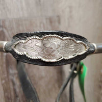 Rolled Leather Headstall, Silver "Bullets", 2 Split Reins *vgc/gc, v.dry & stiff, clean, residue, scrapes, creases, stains, pits
