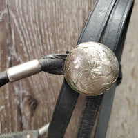 Rolled Leather Headstall, Silver "Bullets", 2 Split Reins *vgc/gc, v.dry & stiff, clean, residue, scrapes, creases, stains, pits

