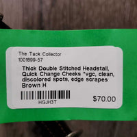 Thick Double Stitched Headstall, Quick Change Cheeks *vgc, clean, discolored spots, edge scrapes
