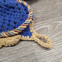 Crochet Fly Veil Ear Bonnet, piping, string *gc, curled, older, dirt?stains, shrunk, shortened ears
