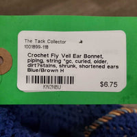 Crochet Fly Veil Ear Bonnet, piping, string *gc, curled, older, dirt?stains, shrunk, shortened ears
