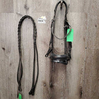 Rsd Padded Monocrown Bridle, cCank, Bling, Braided Reins *gc/fair, clean, v.stiff, dry, missing bling, scrapes, unstitched end
