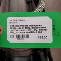 Rsd Padded Monocrown Bridle, cCank, Bling, Braided Reins *gc/fair, clean, v.stiff, dry, missing bling, scrapes, unstitched end
