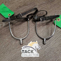 Pr POW Spurs, leather spur straps, bling *gc, rubs, peeled, stains, scrapes, dry, stiff, scuffs, scratches, residue
