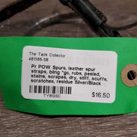 Pr POW Spurs, leather spur straps, bling *gc, rubs, peeled, stains, scrapes, dry, stiff, scuffs, scratches, residue
