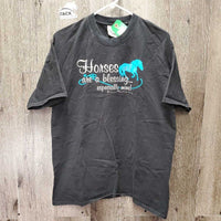 SS Hvy Cotton Shirt "Horses are a blessing" *gc, mnr hair, peeling, faded, rubs, pills
