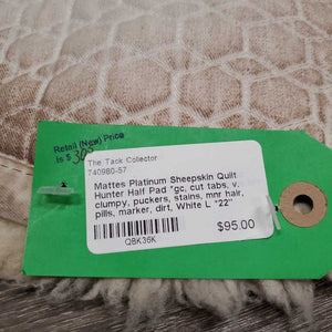 Sheepskin Quilt Hunter Half Pad *gc, cut tabs, v. clumpy, puckers, stains, mnr hair, pills, marker, dirt