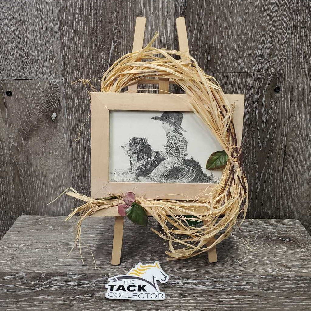 Boy & Border Collie Pencil Drawing Print, Wood Frame & Easel *gc, dusty