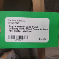 Boy & Border Collie Pencil Drawing Print, Wood Frame & Easel *gc, dusty