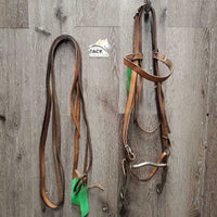 Flat Leather Headstall, Curb Bit, Pr Split Reins *fair, older, stains, dry, stiff, creased, rusty, clean
