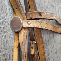 Flat Leather Headstall, Curb Bit, Pr Split Reins *fair, older, stains, dry, stiff, creased, rusty, clean
