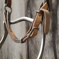 Flat Leather Headstall, Curb Bit, Pr Split Reins *fair, older, stains, dry, stiff, creased, rusty, clean

