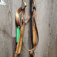 Flat Leather Headstall, Curb Bit, Pr Split Reins *fair, older, stains, dry, stiff, creased, rusty, clean
