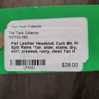 Flat Leather Headstall, Curb Bit, Pr Split Reins *fair, older, stains, dry, stiff, creased, rusty, clean
