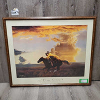 Running Horse & Cowboy Print by Tim Cox "Just for the Heck of It" Wood Frame *xc, mnr knicks

