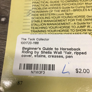 Beginner's Guide to Horseback Riding by Sheila Wall *fair, ripped cover, stains, creases, pen