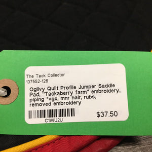 Quilt Profile Jumper Saddle Pad, "Tackaberry farm" embroidery, piping *vgc, mnr hair, rubs, removed embroidery