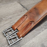 Stiff Narrow Padded Leather Girth, els *gc, edge & stitching rubs, stains, hairy seams, creases, stiff, dry, dirt, faded
