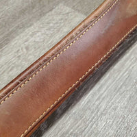 Stiff Narrow Padded Leather Girth, els *gc, edge & stitching rubs, stains, hairy seams, creases, stiff, dry, dirt, faded
