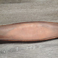 Stiff Narrow Padded Leather Girth, els *gc, edge & stitching rubs, stains, hairy seams, creases, stiff, dry, dirt, faded
