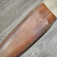 Stiff Narrow Padded Leather Girth, els *gc, edge & stitching rubs, stains, hairy seams, creases, stiff, dry, dirt, faded
