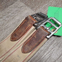 Stiff Narrow Padded Leather Girth, els *gc, edge & stitching rubs, stains, hairy seams, creases, stiff, dry, dirt, faded
